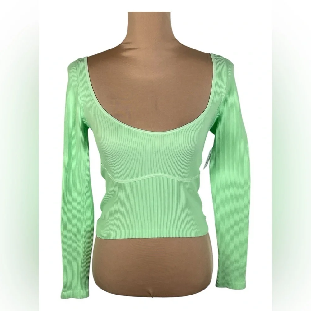 Free People Meg Rib Long Sleeve Cropped Top Light Green Size L/XL NWT